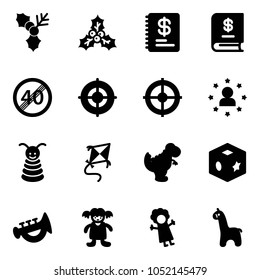 Solid vector icon set - holly vector, annual report, end speed limit road sign, target, star man, pyramid toy, kite, dinosaur, cube, horn, doll, giraffe