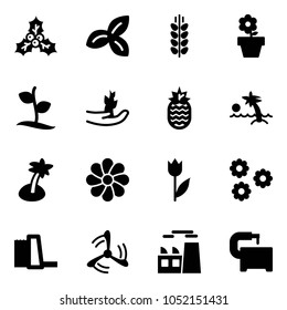 Solid vector icon set - holly vector, three leafs, spica, flower pot, sproute, hand, pineapple, palm, tulip, water power plant, wind mill, machine tool