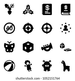 Solid vector icon set - holly vector, annual report, end speed limit road sign, target, star man, butterfly, cube toy, horn, constructor blocks, beach ball, doll, monster, giraffe