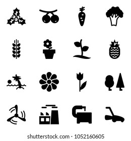 Solid vector icon set - holly vector, rowanberry, carrot, broccoli, spica, flower pot, sproute, pineapple, palm, tulip, forest, wind mill, plant, machine tool, lawn mower