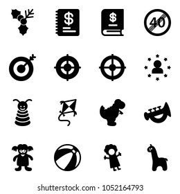 Solid vector icon set - holly vector, annual report, end speed limit road sign, target, star man, pyramid toy, kite, dinosaur, horn, doll, beach ball, giraffe