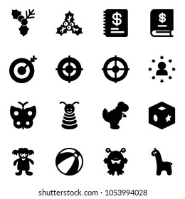 Solid vector icon set - holly vector, annual report, target, star man, butterfly, pyramid toy, dinosaur, cube, doll, beach ball, monster, giraffe