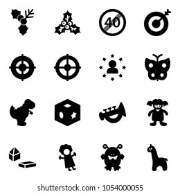 Solid vector icon set - holly vector, end speed limit road sign, target, star man, butterfly, dinosaur toy, cube, horn, doll, constructor blocks, monster, giraffe