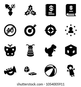 Solid vector icon set - holly vector, annual report, end speed limit road sign, target, star man, butterfly, pyramid toy, dinosaur, cube, horn, constructor blocks, beach ball, doll