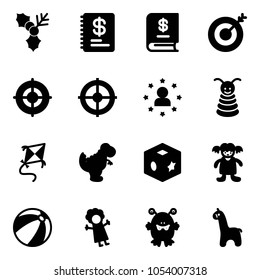 Solid vector icon set - holly vector, annual report, target, star man, pyramid toy, kite, dinosaur, cube, doll, beach ball, monster, giraffe