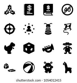 Solid vector icon set - holly vector, annual report, end speed limit road sign, target, star man, pyramid toy, kite, dinosaur, cube, horn, doll, constructor blocks, beach ball, monster, giraffe