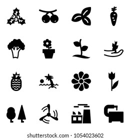 Solid vector icon set - holly vector, rowanberry, three leafs, carrot, broccoli, flower pot, sprout, hand, pineapple, palm, tulip, forest, wind mill, plant, machine tool