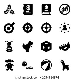 Solid vector icon set - holly vector, annual report, end speed limit road sign, target, star man, pyramid toy, dinosaur, cube, horn, doll, constructor blocks, beach ball, giraffe