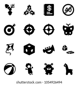 Solid vector icon set - holly vector, annual report, end speed limit road sign, target, butterfly, kite, cube toy, horn, constructor blocks, beach ball, doll, monster, giraffe