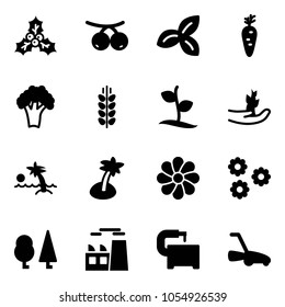 Solid vector icon set - holly vector, rowanberry, three leafs, carrot, broccoli, spica, sproute, hand, palm, flower, forest, plant, machine tool, lawn mower