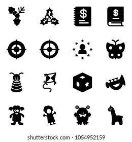 Solid vector icon set - holly vector, annual report, target, star man, butterfly, pyramid toy, kite, cube, horn, doll, monster, giraffe