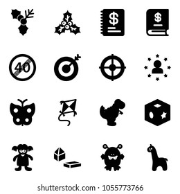 Solid vector icon set - holly vector, annual report, end speed limit road sign, target, star man, butterfly, kite, dinosaur toy, cube, doll, constructor blocks, monster, giraffe