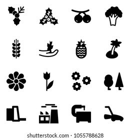 Solid vector icon set - holly vector, rowanberry, broccoli, spic, hand sprout, pineapple, palm, flower, tulip, forest, water power plant, machine tool, lawn mower