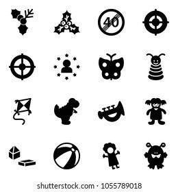Solid vector icon set - holly vector, end speed limit road sign, target, star man, butterfly, pyramid toy, kite, dinosaur, horn, doll, constructor blocks, beach ball, monster