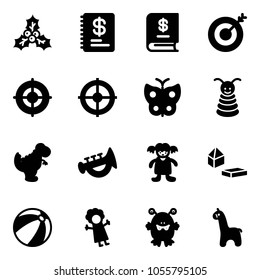 Solid vector icon set - holly vector, annual report, target, butterfly, pyramid toy, dinosaur, horn, doll, constructor blocks, beach ball, monster, giraffe
