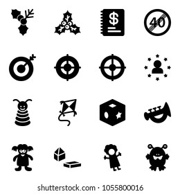 Solid vector icon set - holly vector, annual report, end speed limit road sign, target, star man, pyramid toy, kite, cube, horn, doll, constructor blocks, monster