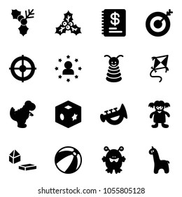 Solid vector icon set - holly vector, annual report, target, star man, pyramid toy, kite, dinosaur, cube, horn, doll, constructor blocks, beach ball, monster, giraffe