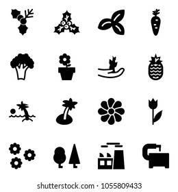 Solid vector icon set - holly vector, three leafs, carrot, broccoli, flower pot, hand sproute, pineapple, palm, tulip, forest, plant, machine tool