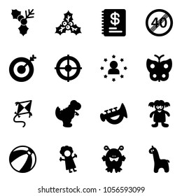 Solid vector icon set - holly vector, annual report, end speed limit road sign, target, star man, butterfly, kite, dinosaur toy, horn, doll, beach ball, monster, giraffe