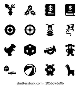 Solid vector icon set - holly vector, annual report, target, pyramid toy, kite, dinosaur, cube, horn, doll, constructor blocks, beach ball, monster, giraffe