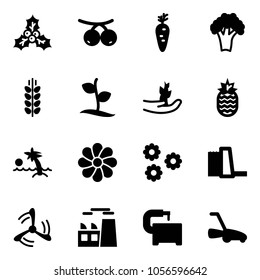 Solid vector icon set - holly vector, rowanberry, carrot, broccoli, spica, sproute, hand, pineapple, palm, flower, water power plant, wind mill, machine tool, lawn mower