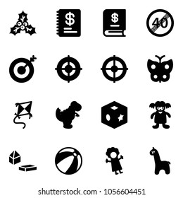 Solid vector icon set - holly vector, annual report, end speed limit road sign, target, butterfly, kite, dinosaur toy, cube, doll, constructor blocks, beach ball, giraffe