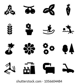 Solid vector icon set - holly vector, rowanberry, three leafs, carrot, spica, flower pot, hand sproute, palm, forest, wind mill, plant, machine tool, lawn mower