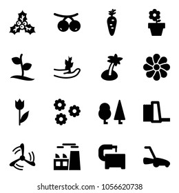 Solid vector icon set - holly vector, rowanberry, carrot, flower pot, sprout, hand, palm, tulip, forest, water power plant, wind mill, machine tool, lawn mower