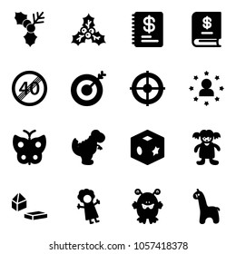 Solid vector icon set - holly vector, annual report, end speed limit road sign, target, star man, butterfly, dinosaur toy, cube, doll, constructor blocks, monster, giraffe