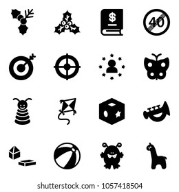 Solid vector icon set - holly vector, annual report, end speed limit road sign, target, star man, butterfly, pyramid toy, kite, cube, horn, constructor blocks, beach ball, monster, giraffe