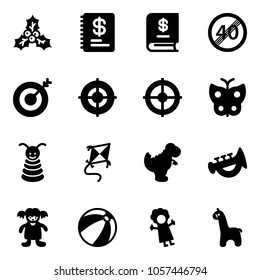 Solid vector icon set - holly vector, annual report, end speed limit road sign, target, butterfly, pyramid toy, kite, dinosaur, horn, doll, beach ball, giraffe