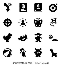 Solid vector icon set - holly vector, annual report, target, star man, butterfly, kite, dinosaur toy, horn, doll, constructor blocks, beach ball, monster, giraffe