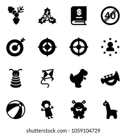 Solid vector icon set - holly vector, annual report, end speed limit road sign, target, star man, pyramid toy, kite, dinosaur, horn, beach ball, doll, monster, giraffe