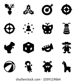 Solid vector icon set - holly vector, target, star man, butterfly, pyramid toy, dinosaur, cube, horn, doll, beach ball, monster, giraffe