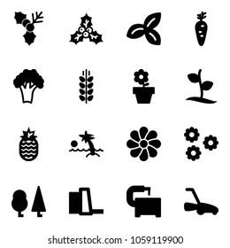 Solid vector icon set - holly vector, three leafs, carrot, broccoli, spica, flower pot, sproute, pineapple, palm, forest, water power plant, machine tool, lawn mower