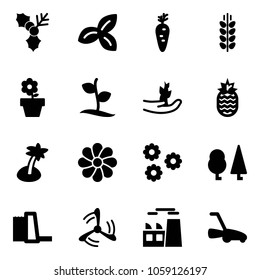 Solid vector icon set - holly vector, three leafs, carrot, spica, flower pot, sproute, hand, pineapple, palm, forest, water power plant, wind mill, lawn mower