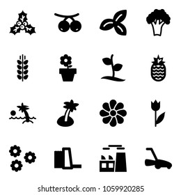 Solid vector icon set - holly vector, rowanberry, three leafs, broccoli, spica, flower pot, sproute, pineapple, palm, tulip, water power plant, lawn mower