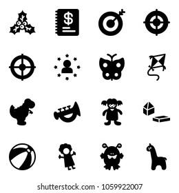 Solid vector icon set - holly vector, annual report, target, star man, butterfly, kite, dinosaur toy, horn, doll, constructor blocks, beach ball, monster, giraffe