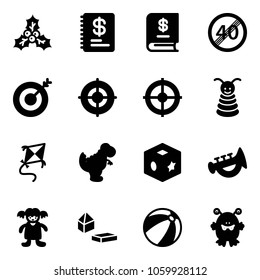 Solid vector icon set - holly vector, annual report, end speed limit road sign, target, pyramid toy, kite, dinosaur, cube, horn, doll, constructor blocks, beach ball, monster