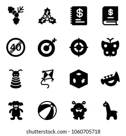 Solid vector icon set - holly vector, annual report, end speed limit road sign, target, butterfly, pyramid toy, kite, cube, horn, doll, beach ball, monster, giraffe