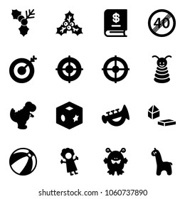 Solid vector icon set - holly vector, annual report, end speed limit road sign, target, pyramid toy, dinosaur, cube, horn, constructor blocks, beach ball, doll, monster, giraffe