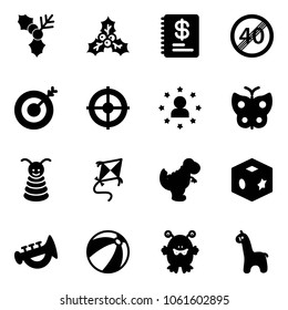 Solid vector icon set - holly vector, annual report, end speed limit road sign, target, star man, butterfly, pyramid toy, kite, dinosaur, cube, horn, beach ball, monster, giraffe