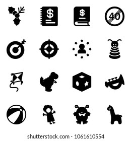 Solid vector icon set - holly vector, annual report, end speed limit road sign, target, star man, pyramid toy, kite, dinosaur, cube, horn, beach ball, doll, monster, giraffe