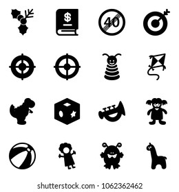 Solid vector icon set - holly vector, annual report, end speed limit road sign, target, pyramid toy, kite, dinosaur, cube, horn, doll, beach ball, monster, giraffe
