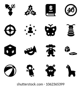 Solid vector icon set - holly vector, annual report, end speed limit road sign, target, star man, butterfly, pyramid toy, cube, horn, doll, constructor blocks, beach ball, monster, giraffe