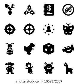 Solid vector icon set - holly vector, annual report, end speed limit road sign, target, star man, butterfly, pyramid toy, dinosaur, cube, horn, doll, monster, giraffe