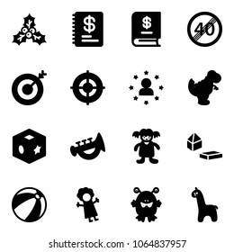 Solid vector icon set - holly vector, annual report, end speed limit road sign, target, star man, dinosaur toy, cube, horn, doll, constructor blocks, beach ball, monster, giraffe