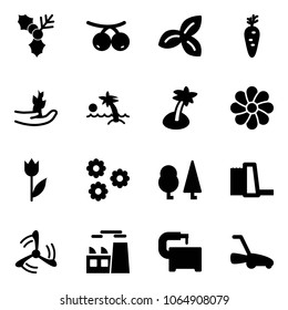 Solid vector icon set - holly vector, rowanberry, three leafs, carrot, hand sproute, palm, flower, tulip, forest, water power plant, wind mill, machine tool, lawn mower