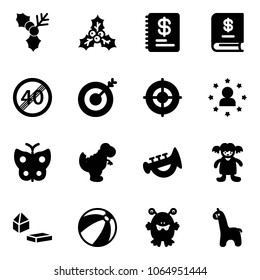 Solid vector icon set - holly vector, annual report, end speed limit road sign, target, star man, butterfly, dinosaur toy, horn, doll, constructor blocks, beach ball, monster, giraffe