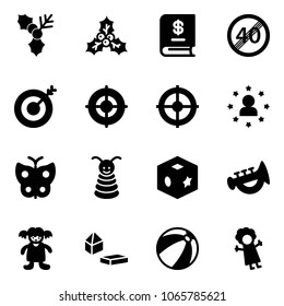 Solid vector icon set - holly vector, annual report, end speed limit road sign, target, star man, butterfly, pyramid toy, cube, horn, doll, constructor blocks, beach ball